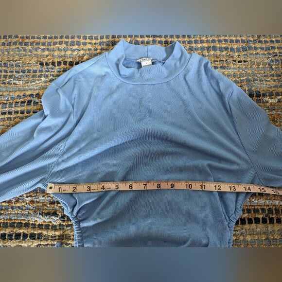 Dress Blue Bodycon L/S Ruched Cut Out Rib Drawstring L Ribbed Stretch Sexy Clubb - Picture 3 of 7